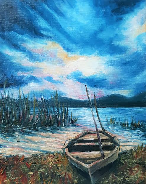 Oil painting of a wooden rowing boat resting on the shore of a lake beneath a sweeping blue sky
